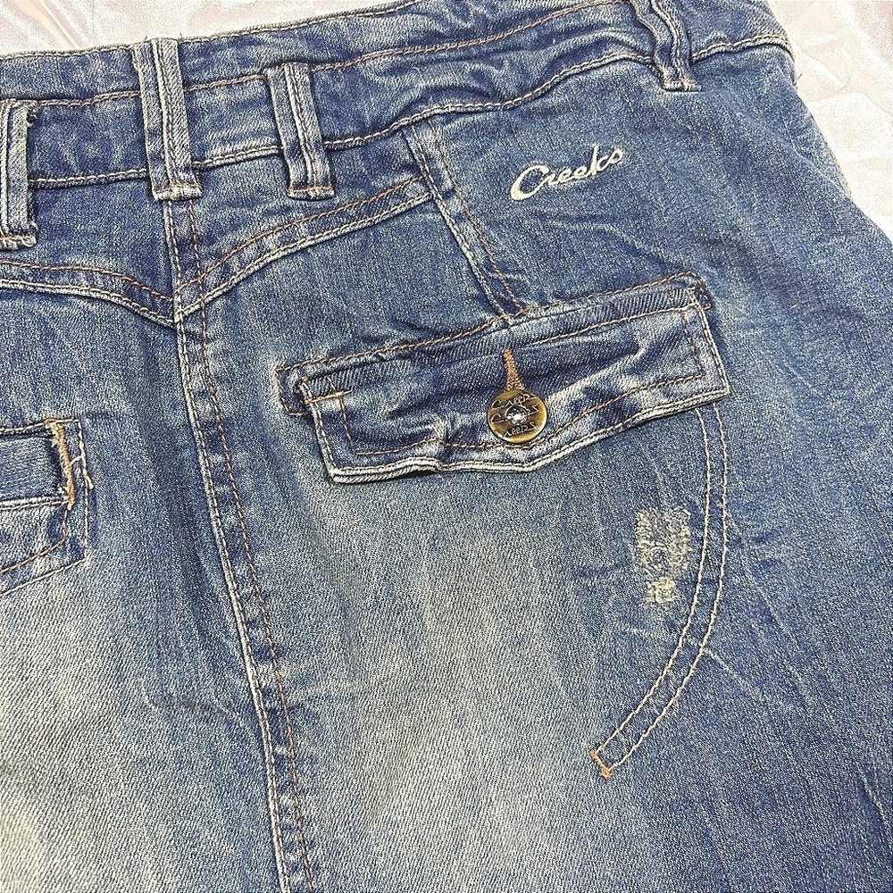 y2k vintage Creeks Denim Mini Skirt Blue Distressed Low Rise 38